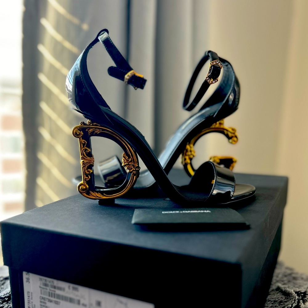 Dolce & Gabbana Leather Barocco Heel Sandals, Size 36.5 - Black